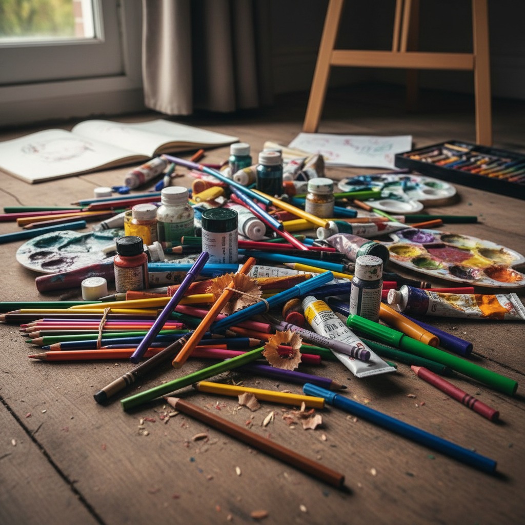 A cluttered collection of colorful pencils, paint tubes, and palettes lies scattered across a wooden floor near an artist's easel.