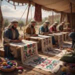 Several men in traditional robes sit under a large tent, carefully embroidering colorful floral patterns onto long strips of fabric.
