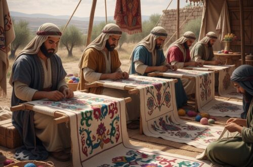 Several men in traditional robes sit under a large tent, carefully embroidering colorful floral patterns onto long strips of fabric.