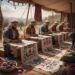 Several men in traditional robes sit under a large tent, carefully embroidering colorful floral patterns onto long strips of fabric.