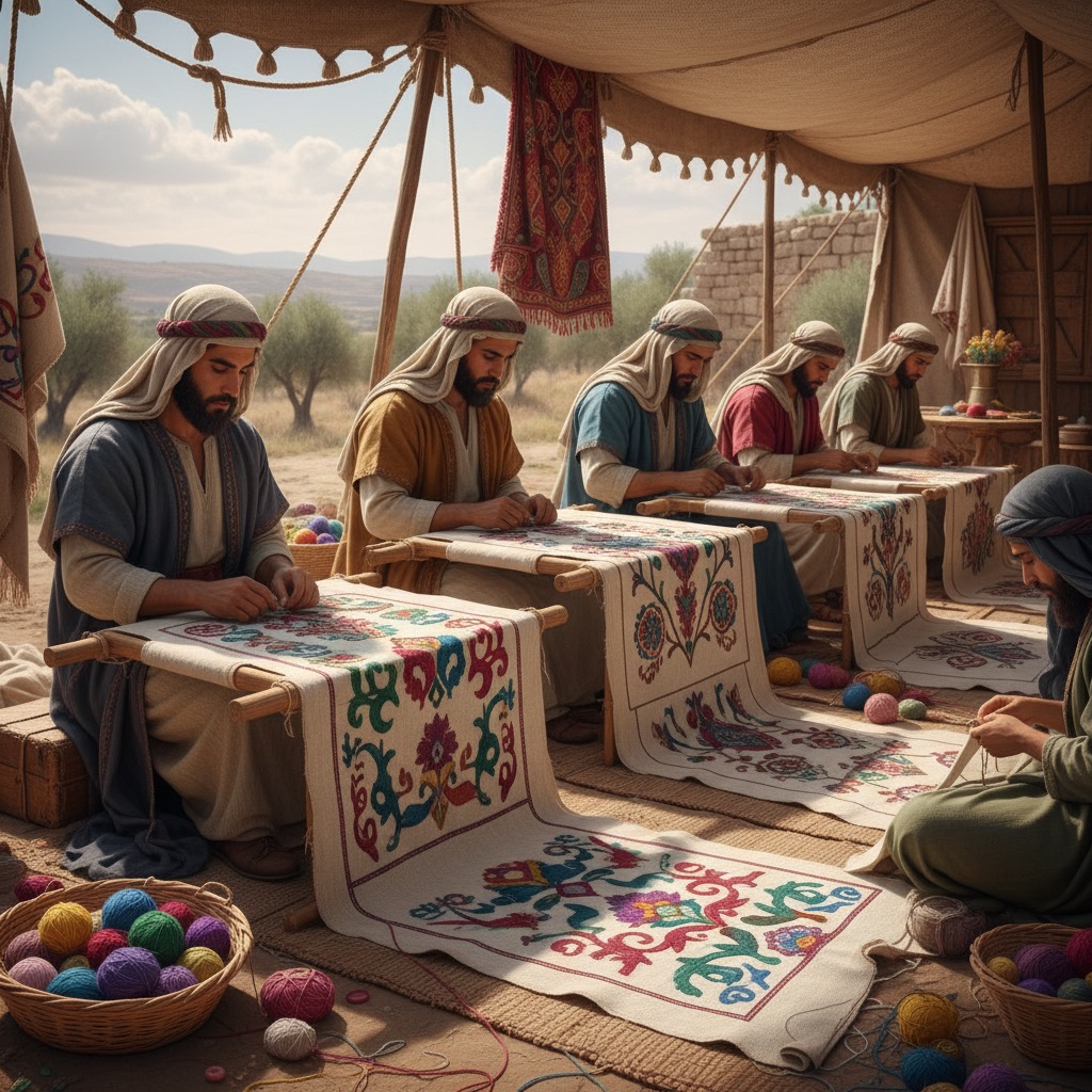 Several men in traditional robes sit under a large tent, carefully embroidering colorful floral patterns onto long strips of fabric.