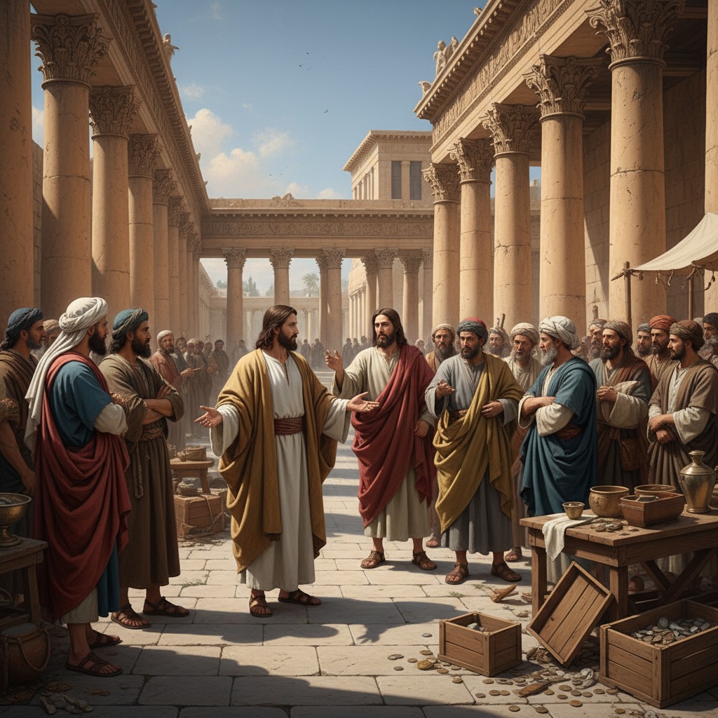 Jesus stands in a stone courtyard surrounded by a group of men in ancient robes, with classical columns and market stalls in the background.