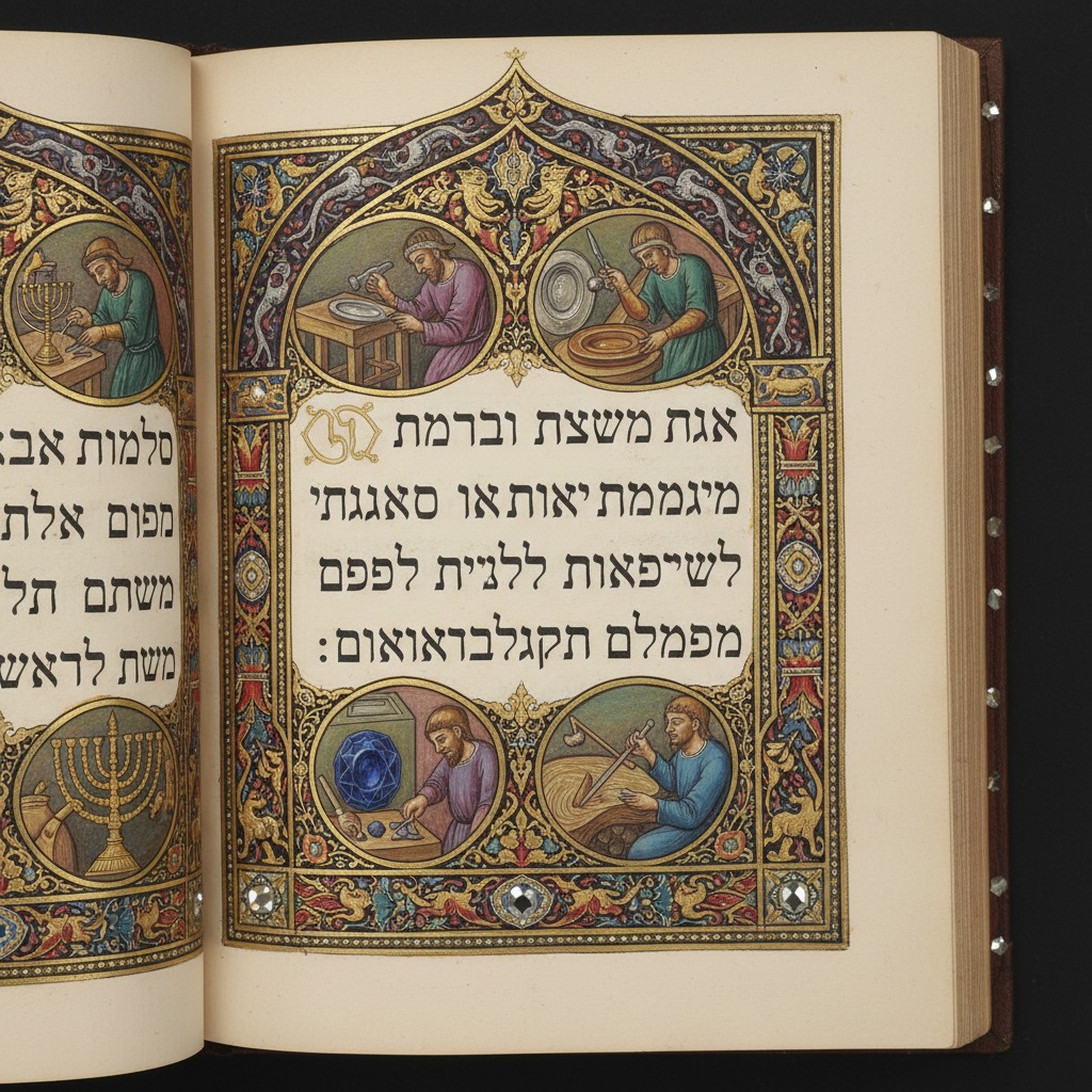 An open illuminated manuscript page features Hebrew text surrounded by ornate gold borders and circular illustrations of artisans working with metal and gems.